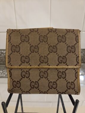 Gucci Brown GG Monogram Canvas Wallet With Yellow Trim